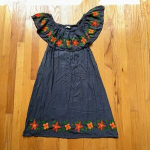 Exist Dress M Chambray Blue Orange Floral Embroidered Off Shoulder Boho Festival